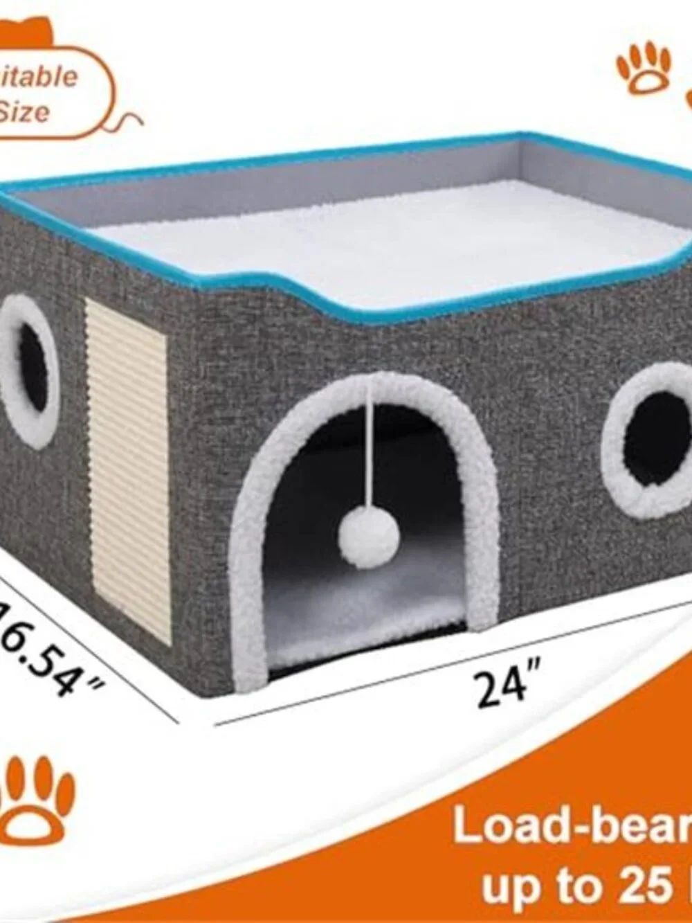 Cat House for Indoor Cats Large Cat Bed Condo Cave with Scratch Pad Fluffy Ball